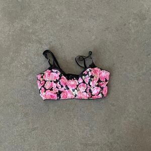 Vintage Women's Pink Floral Bra S Black Lace Bow Silky